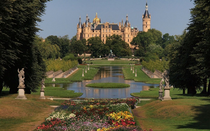 Germany, Schwerin, castle, architecture, park, trees, flowers Wallpapers Pictures Photos Images
