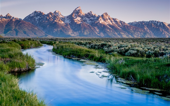 Grand Teton National Park, mountains, lake, river, grass Wallpapers Pictures Photos Images