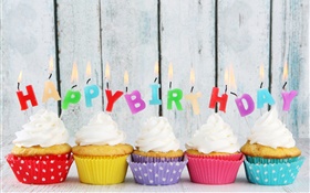 Happy Birthday, five cupcakes, candles, colorful letters, cream cake HD wallpaper