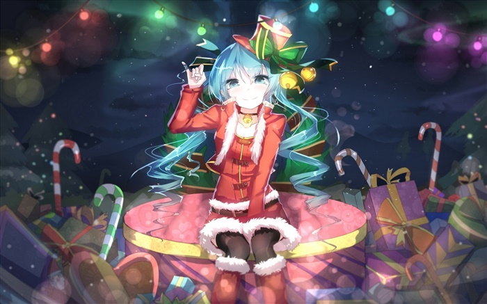 Hatsune Miku, Christmas anime girl, hat, smile, gifts Wallpapers Pictures Photos Images
