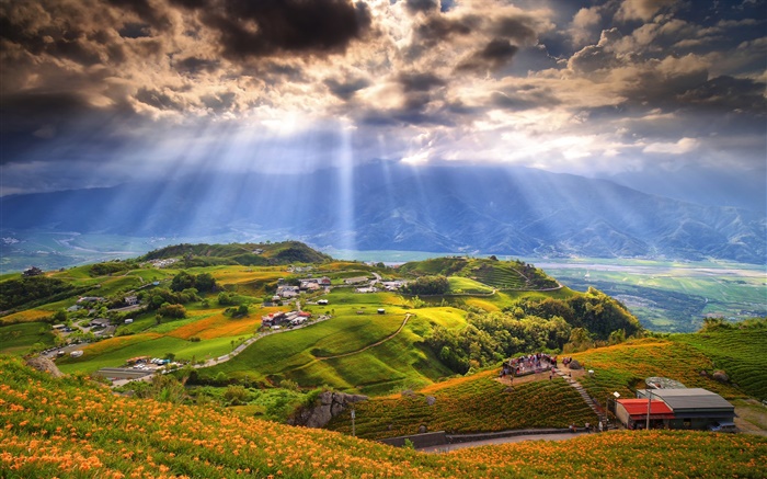 Hills, sky, clouds, sun rays, mountains, houses, trees, people Wallpapers Pictures Photos Images