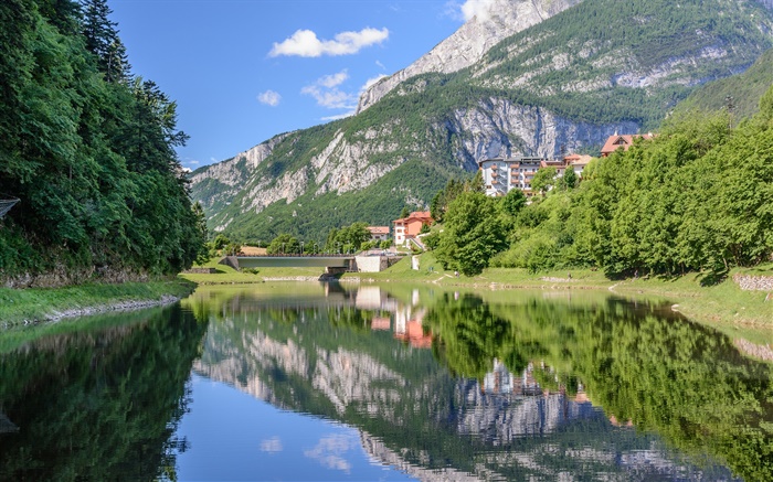 Lake Molveno, Trentino, Italy, mountains, water reflection, bridge, trees, houses Wallpapers Pictures Photos Images