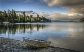 Lake, sky, clouds, mountains, trees, boat, shore