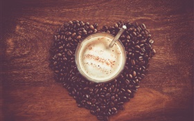 Love heart coffee beans, table, mug, drink HD wallpaper