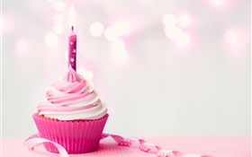 Pink color, cupcake, candle, cream HD wallpaper
