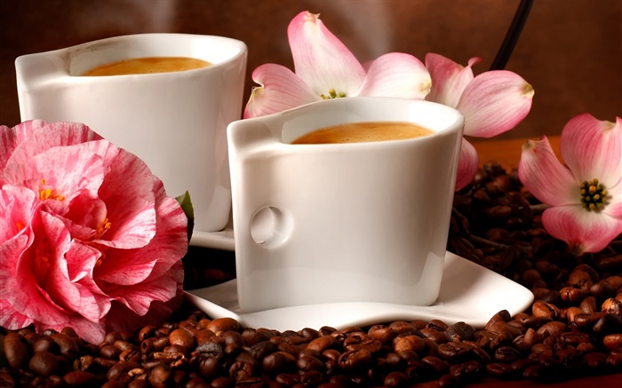 Two cups coffee, aroma, coffee beans, flowers Wallpapers Pictures Photos Images