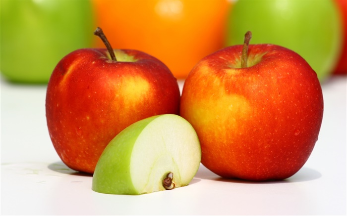 Two red apples, green apple slice, tasty fruit Wallpapers Pictures Photos Images