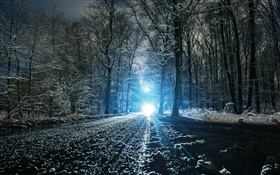 Winter, road, trees, hole, snow, light