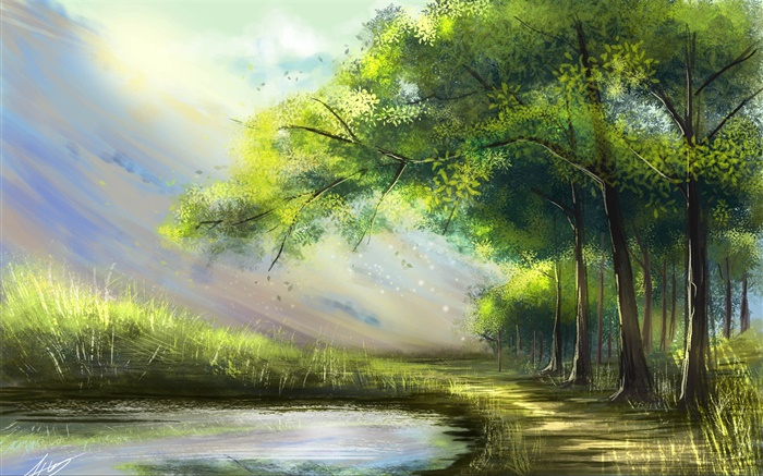 Beautiful painting, forest, lake, trees Wallpapers Pictures Photos Images