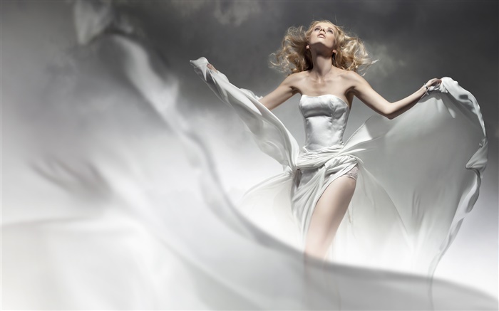 Blonde girl, white dress, wind, like angel Wallpapers Pictures Photos Images