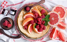 Breakfast, pancake, grapefruit slice, red raspberry