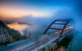 Bridge, river, fog, trees, clouds, dawn HD wallpaper