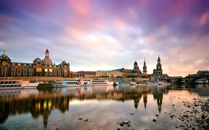 Dresden, Germany, morning, buildings, boats, Elbe river Wallpapers Pictures Photos Images