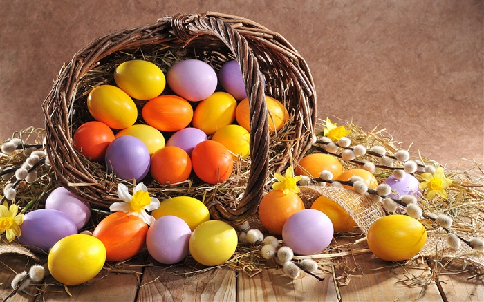 Easter, eggs, spring, willow twigs, basket Wallpapers Pictures Photos Images