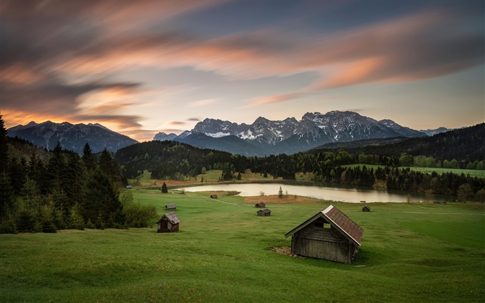 Germany, Bavaria, Alps, mountains, houses, trees, lake Wallpapers Pictures Photos Images