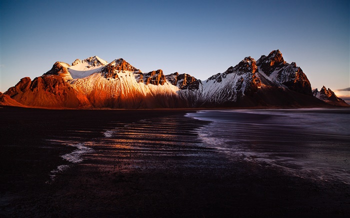 Iceland, Stokksnes, mountain, sea, sunset Wallpapers Pictures Photos Images