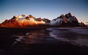 Iceland, Stokksnes, mountain, sea, sunset HD wallpaper