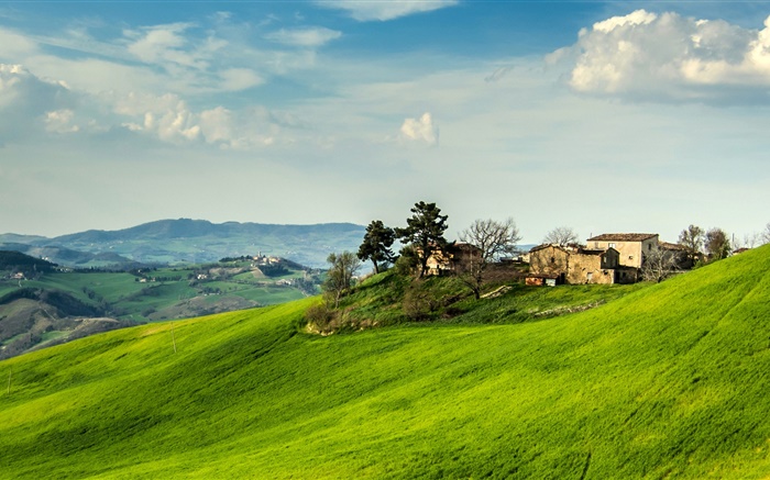 Italy, slope, grass, house, trees, clouds Wallpapers Pictures Photos Images