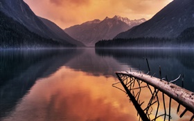 Lake, branches, mountains, dusk HD wallpaper