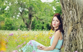 Light blue dress girl, summer, flowers, tree HD wallpaper