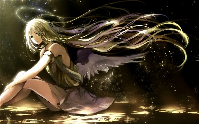 Long hair anime girl, wings, angel, light halo Wallpapers Pictures Photos Images
