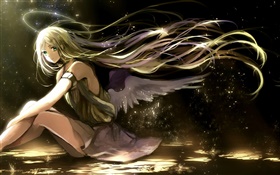 Long hair anime girl, wings, angel, light halo HD wallpaper