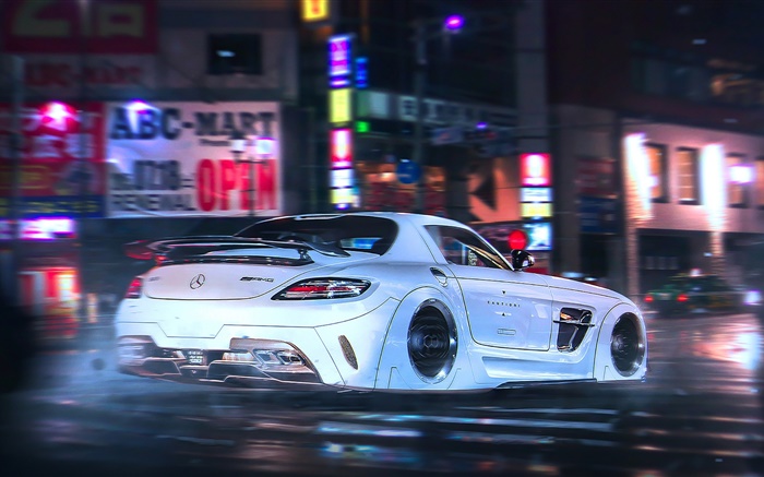 Mercedes-Benz SLS AMG supercar flight, high speed, night Wallpapers Pictures Photos Images