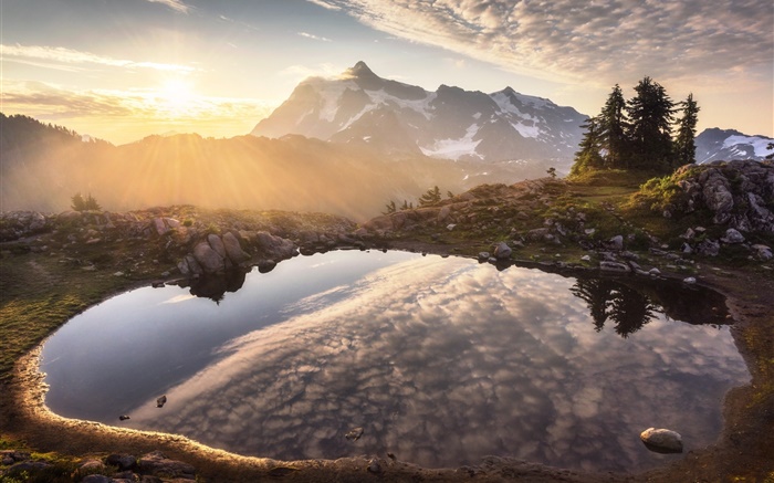 Mountains, pond, water reflection, dawn, sunrise Wallpapers Pictures Photos Images