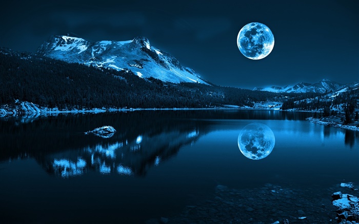 Night, moon, lake, mountains, reflection, stones Wallpapers Pictures Photos Images