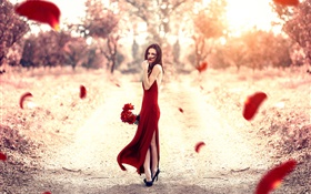 Red dress girl, rose petals, sun
