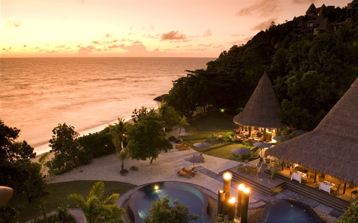 Sea, pool, house, bungalow, resort, trees, dusk, lights Wallpapers Pictures Photos Images