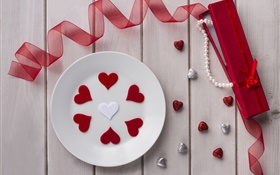 Valentine's Day, love hearts, ribbon, jewelry, gift HD wallpaper