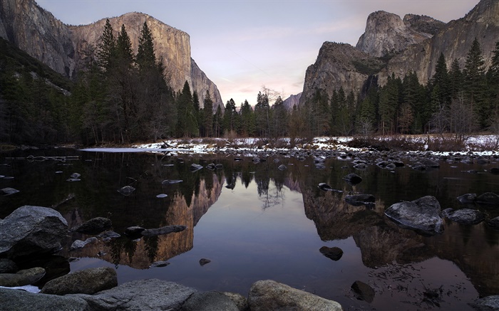 Yosemite Park, valley, mountains, lake, trees, stones Wallpapers Pictures Photos Images