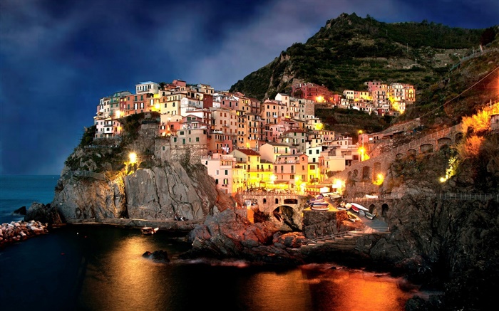 Amalfi, Italy, night, coast, city, rocks, house, lights, boats Wallpapers Pictures Photos Images