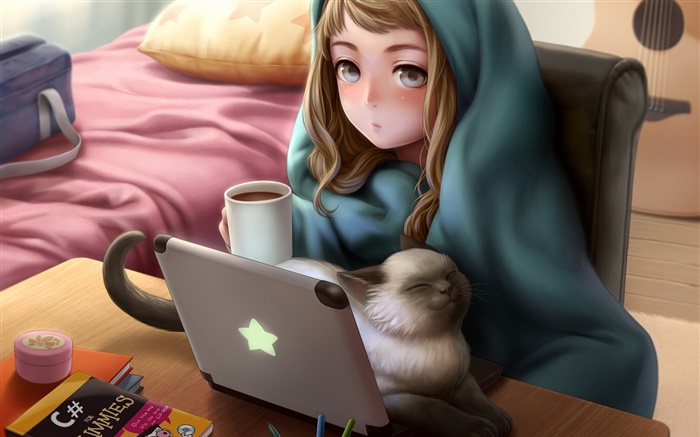Anime girl use laptop, room, cat, tea Wallpapers Pictures Photos Images