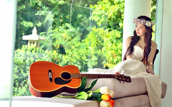 Asian music girl, white dress, guitar, tulips Wallpapers Pictures Photos Images