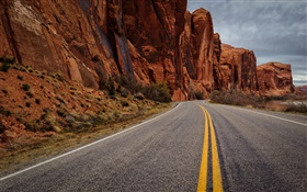 Asphalt road, rock mountains, dusk HD wallpaper