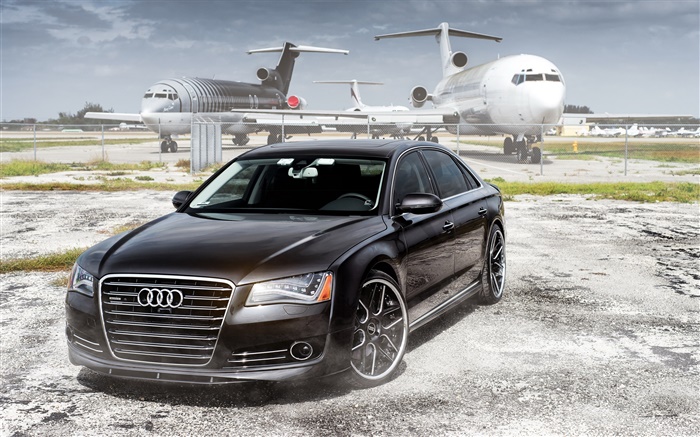 Audi sedan, black car, airplanes, airport Wallpapers Pictures Photos Images