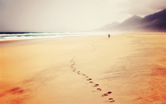 Beach, sea, traces, footprint, fog, people Wallpapers Pictures Photos Images