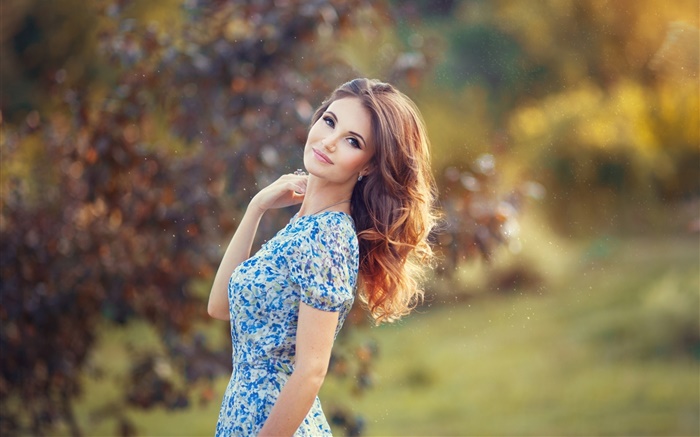 Beautiful woman, blue dress, bokeh Wallpapers Pictures Photos Images