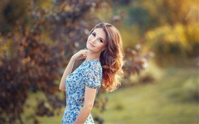 Beautiful woman, blue dress, bokeh HD wallpaper