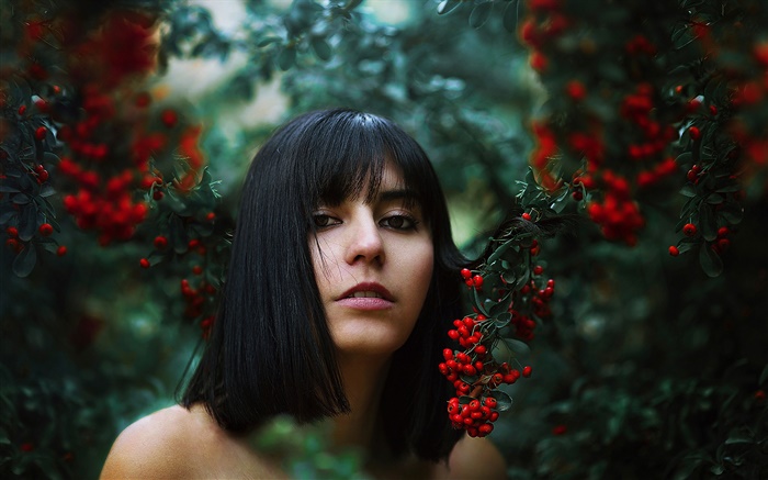 Black hair girl, red berries, bokeh Wallpapers Pictures Photos Images