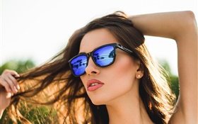 Blue glasses girl, lipstick, hair, summer HD wallpaper