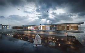 Building design, houseboat, house, night, people, clouds