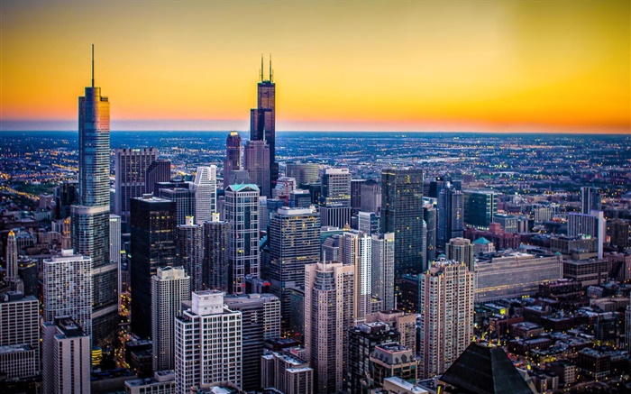 Chicago, Illinois, USA, city, dusk, skyscrapers, sunset Wallpapers Pictures Photos Images