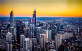 Chicago, Illinois, USA, city, dusk, skyscrapers, sunset