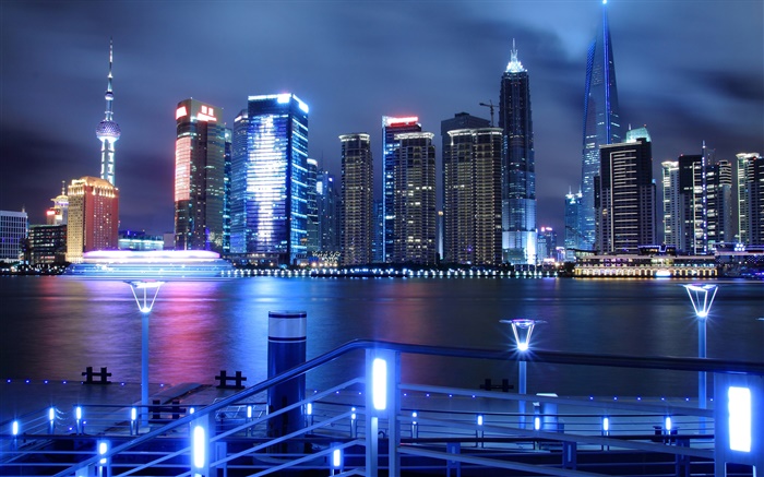 China, Shanghai, city night, skyscrapers, lights, river Wallpapers Pictures Photos Images