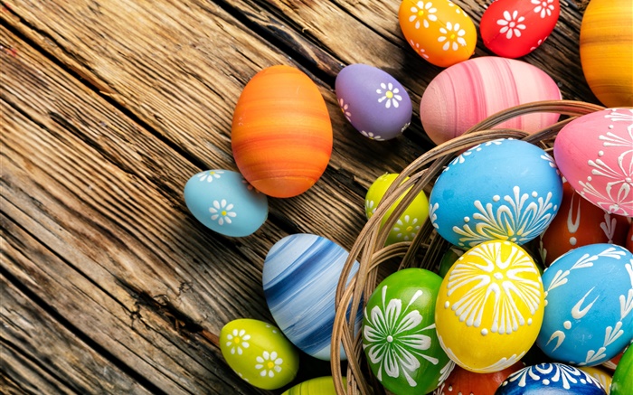 Easter eggs, colorful, wood board, basket Wallpapers Pictures Photos Images