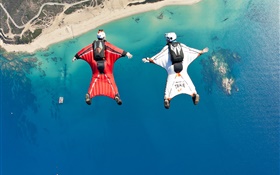 Extreme sports, parachute, flying, sea, beach HD wallpaper