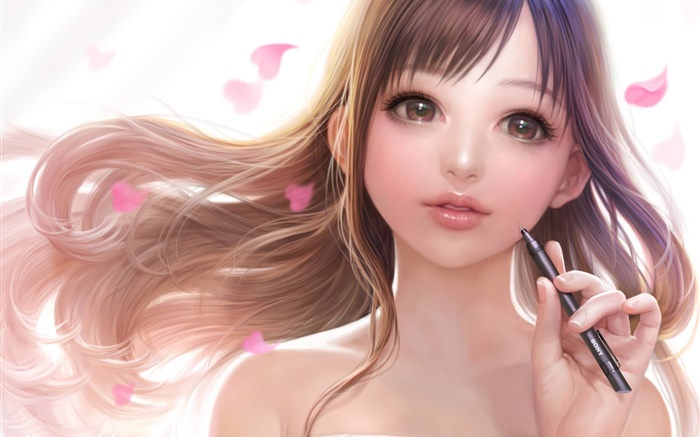Fantasy girl, petals, hair, wind Wallpapers Pictures Photos Images
